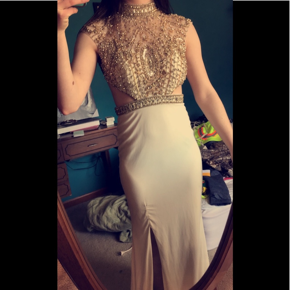 White and gold halter top prom dress